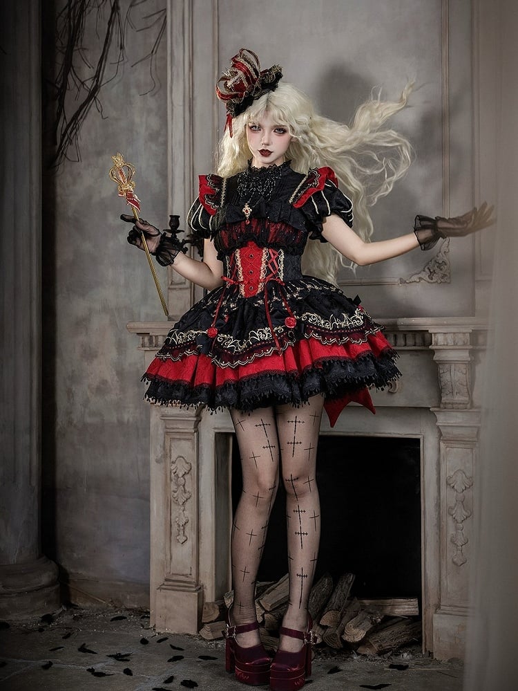 Black & Red Bat Embroidery Gothic Lolita JSK Dress detail view 9