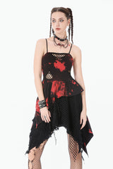 Black/Red Sleeveless Irregular Mesh Tie Dye Women's Punk Slip Dress - Black/Red - 1