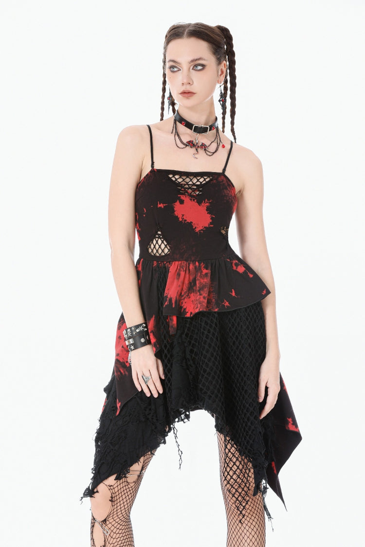 Black/Red Sleeveless Irregular Mesh Tie Dye Women's Punk Slip Dress - Black/Red - 1