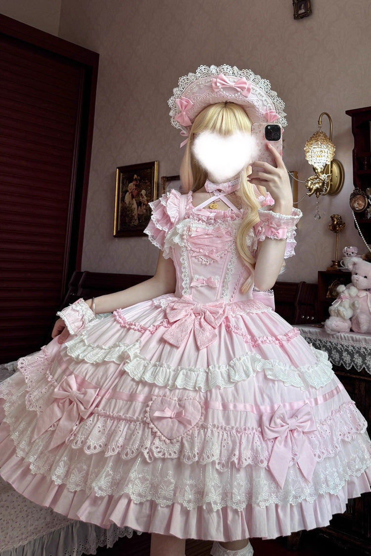 Pink [Super Cute Belia] Sleeveless Triple-Layered Ruffle Bowknot Lace Sweet Elegant Lolita Jsk Dress - Product - 8