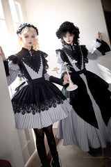 Light Grey [Nocturne] Vertical Stripes Print Ruffle Bowknot Lace Gothic Lolita Dress 2 Versions - Product - 2