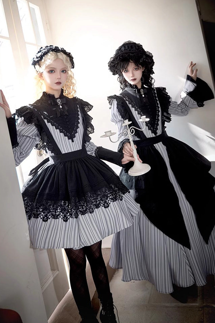 Light Grey [Nocturne] Vertical Stripes Print Ruffle Bowknot Lace Gothic Lolita Dress 2 Versions - Product - 2