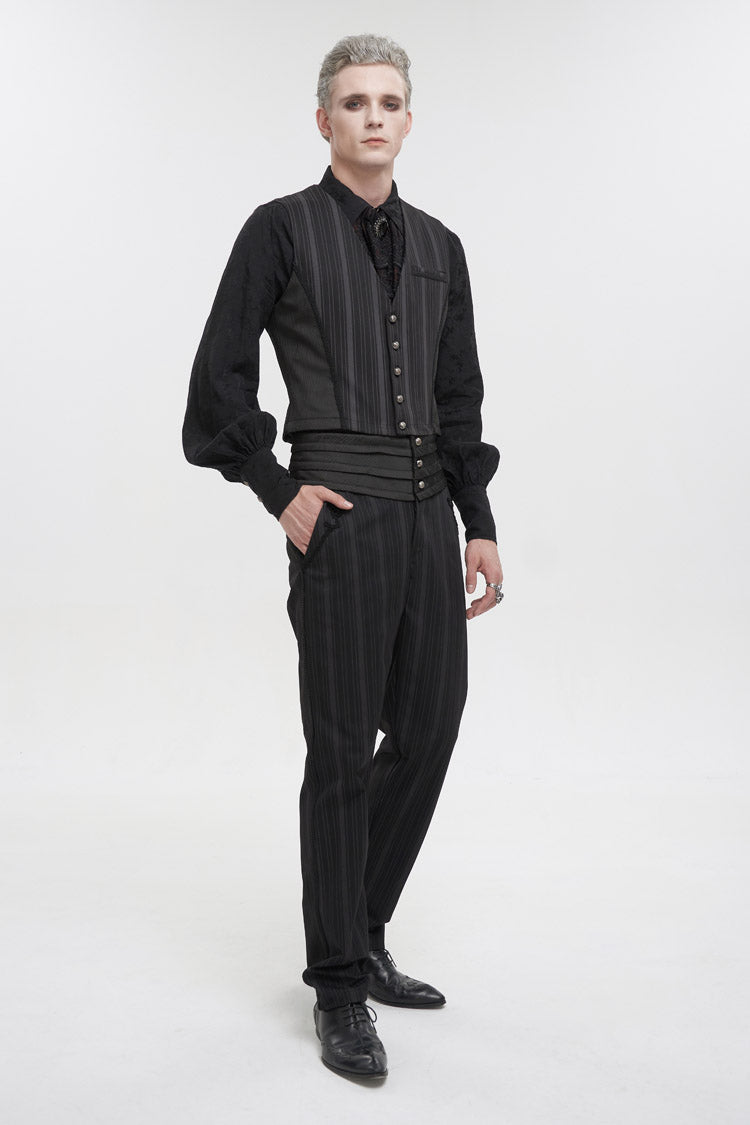 Black Retro Mid High Waist Micro Elastic Striped Woven Stitching Three Dimensional Jacquard Men's Gothic Trousers - Product - 4