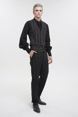 Black Retro Mid High Waist Micro Elastic Striped Woven Stitching Three Dimensional Jacquard Men's Gothic Trousers - Product - 4