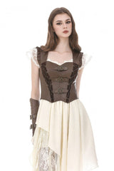 Brown Sweetheart Neckline Ruffled Flutter Sleeves Cut-Out Buckled Strap Women's Steampunk Slim Corset Vest - Product - 5