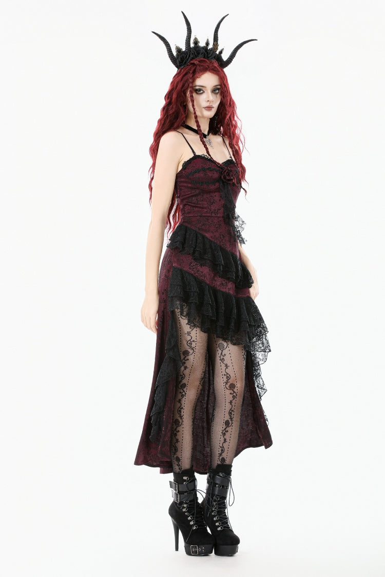 Black/Red Rose Irregular Multi-Layered Lace Ruffled Women's Gothic Slip Dress Wedding Dress - Product - 4