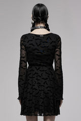 Black Minimalist Flared Sleeve Bat Moon Flocking Print Pattern Long Sleeves Punk Women's Dress - Product - 3