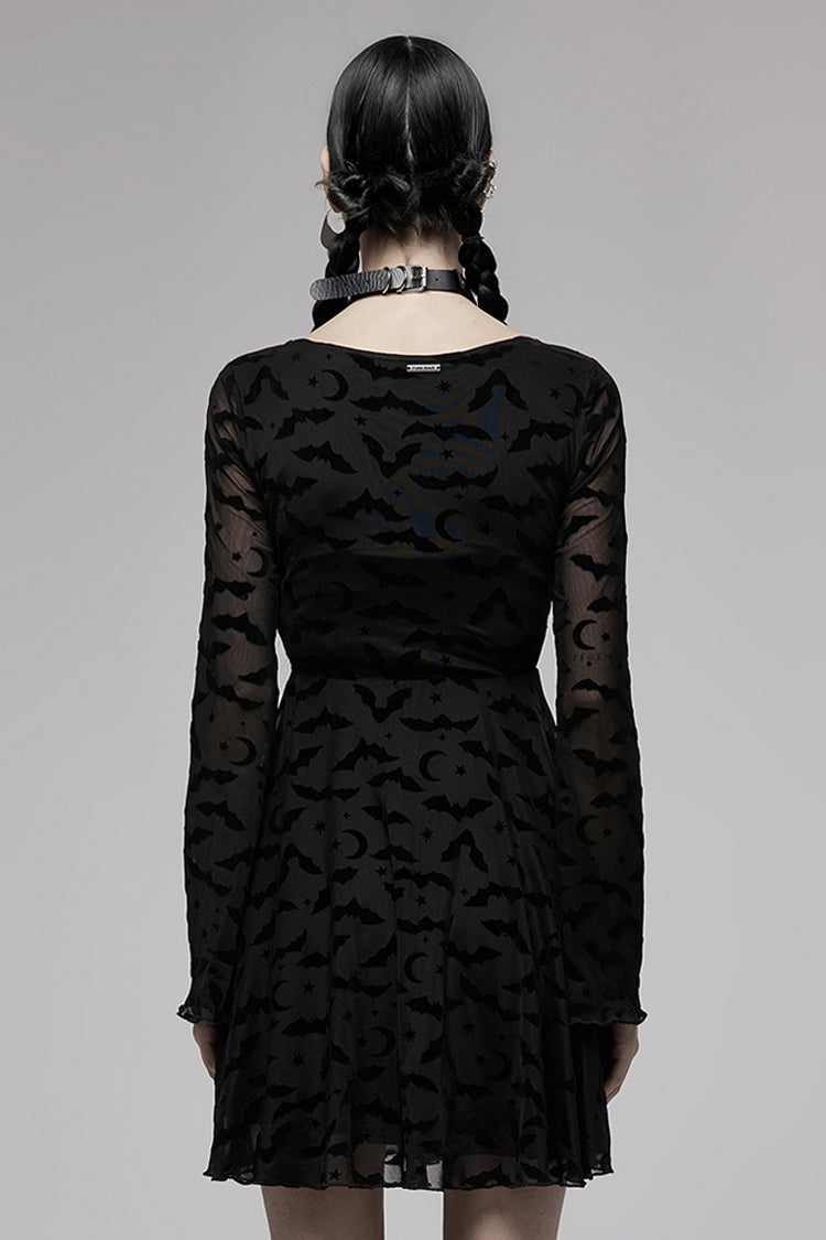 Black Minimalist Flared Sleeve Bat Moon Flocking Print Pattern Long Sleeves Punk Women's Dress - Product - 3