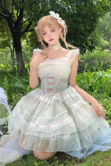 Light Green Camellia Decoration Bowknot Lace-Up Sweet Lolita Jsk Dress - Product - 3