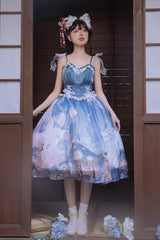 Blue/Pink Mount Fuji Cherry Blossom Season Print Bowknot Sweet Lolita Skirt - Product - 2