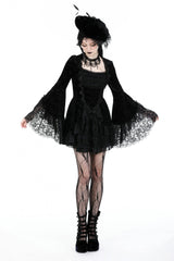 Black Square Collar Long Flared Sleeves Multi-Layered Lace Trim Lace-Up Women's Gothic Velvet Dress - Product - 8