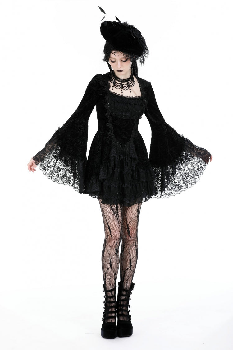 Black Square Collar Long Flared Sleeves Multi-Layered Lace Trim Lace-Up Women's Gothic Velvet Dress - Product - 8