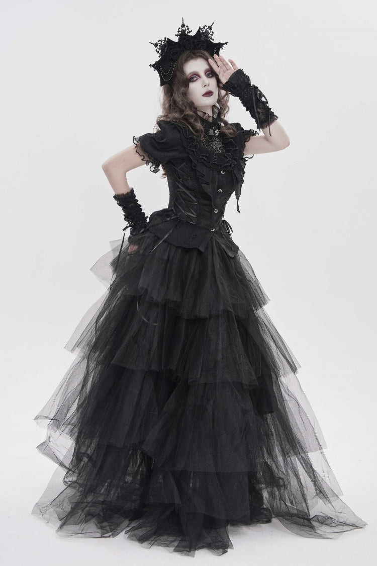 Black Stand Collar Short Sleeves Embroidered Lace Lace-Up Slim Pleated Women's Gothic Palace Blouse - Product - 7