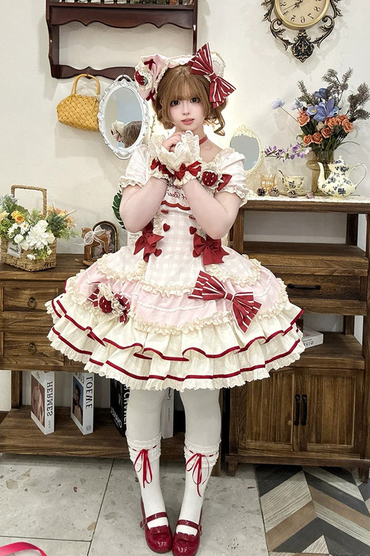 Pink [Sweetheart Strawberry Bunny] Square Collar Short Sleeves Triple-Layered Printed Ruffled Bow Sweet Lolita Dress - Product - 9