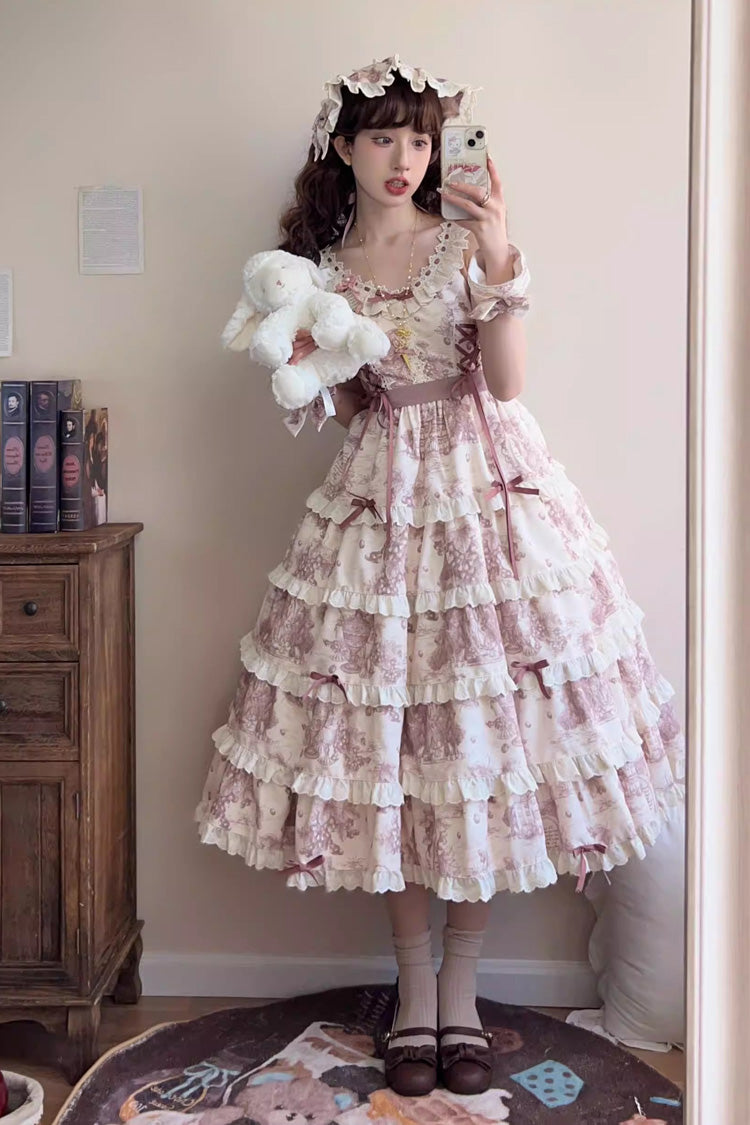 Smoky Purple [Grape Moon Almanac] Sleeveless Multi-Layered Printed Ruffled Bow Adjustable-Length Sweet Lolita Jsk Dress - Product - 6