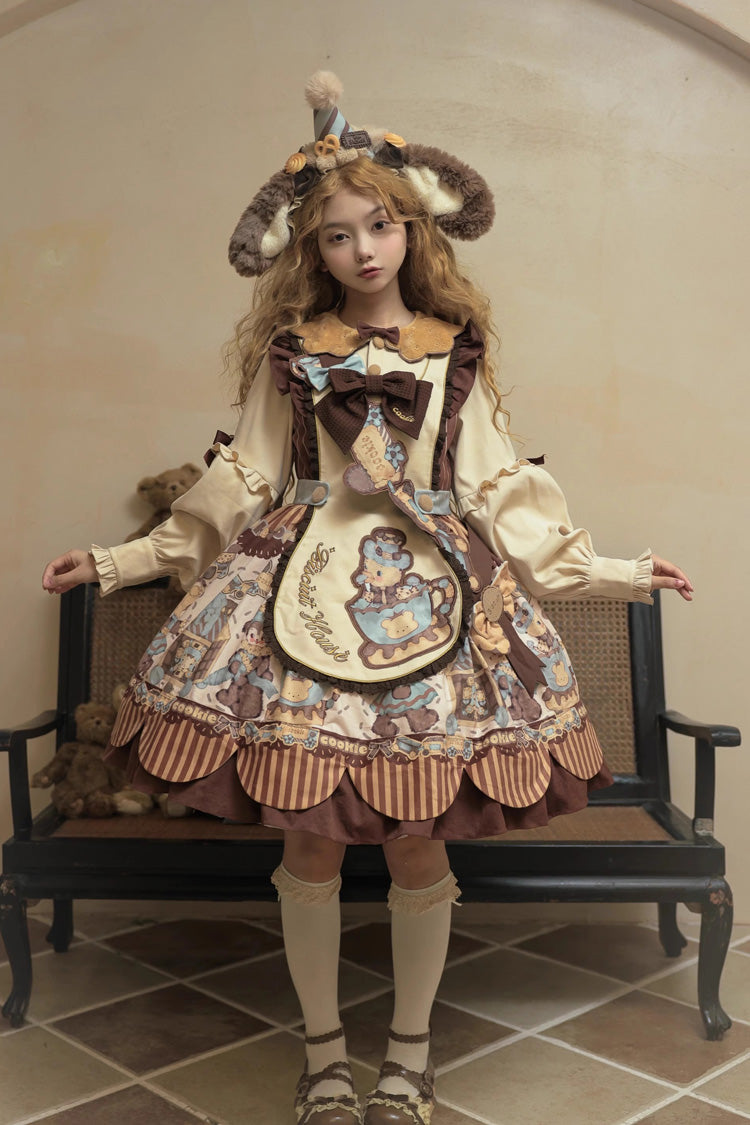 [Bear Cookies] Print Long Sleeves Ruffle Bowknot Sweet Lolita OP Dress 2 Colors - Product - 5