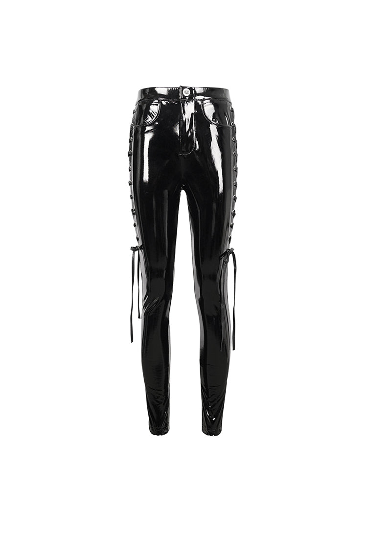 Black Patent Leather Side Cutout Lace Up Women's Punk Pants - Product - 8