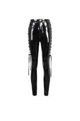 Black Patent Leather Side Cutout Lace Up Women's Punk Pants - Product - 8
