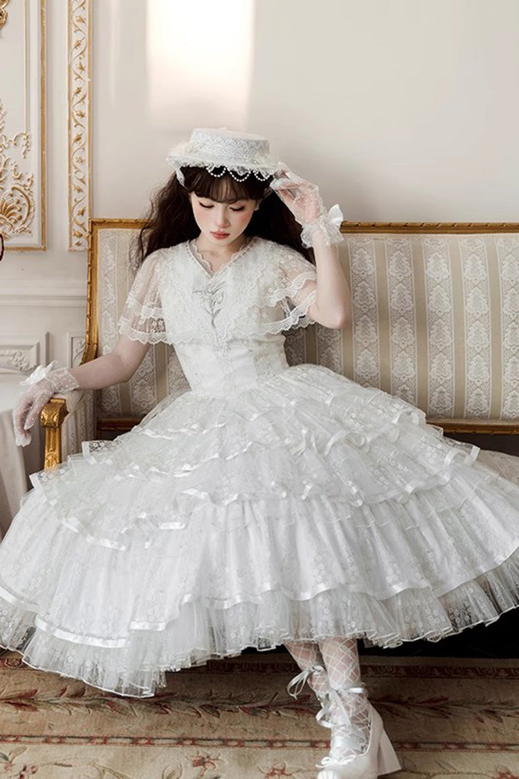 White [Morning Dew Lily] Short Sleeves Multi-Layered Ruffle Embroidery Sweet Elegant Lolita Dress - Product - 7