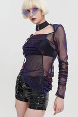 Multi-Color Punk Long Sleeve Mesh Neck Zipper Adjustable Shoulder Straps Asymmetric Women's T-Shirt - Product - 3