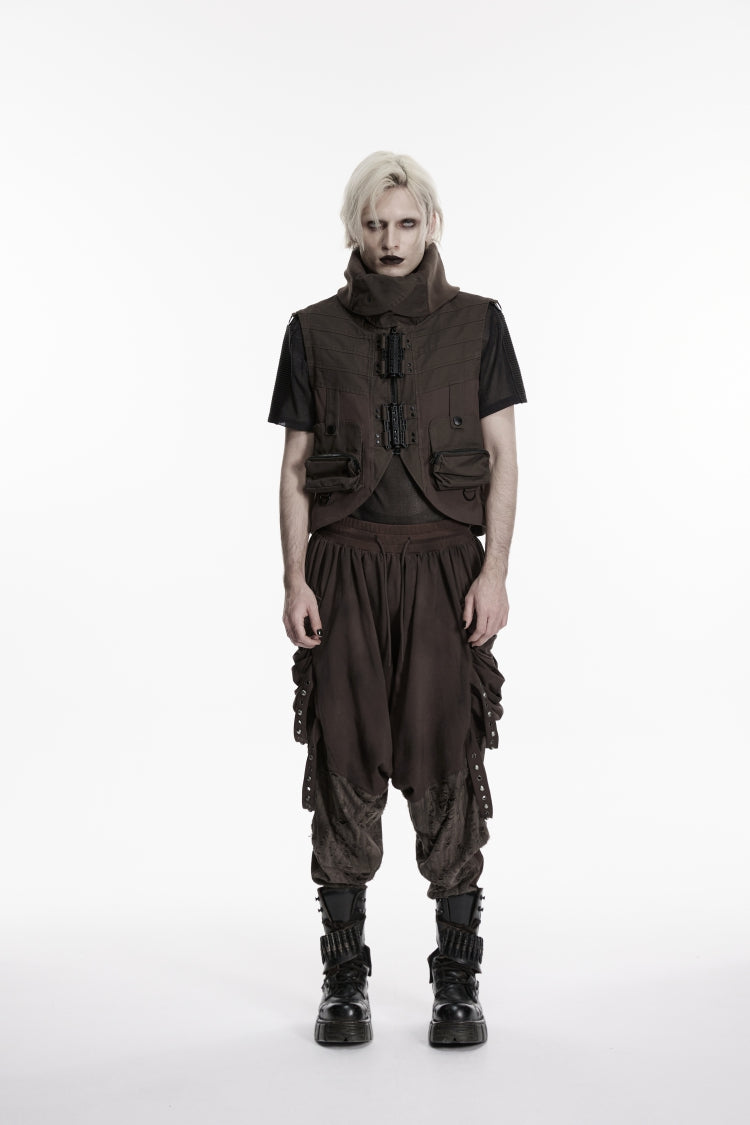 Black Stand Collar Sleeveless Men's Punk Patch Pockets Convertible Collar Vest Vest - Product - 6