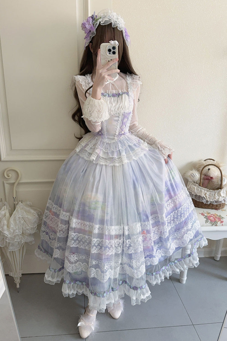 Light Purple [Mist-shrouded Vineyard] Sleeveless Ruffle Bowknot Lace-Up Sweet Lolita Jsk Skirt Dress Set - Product - 5