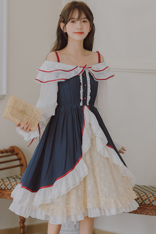 Blue/White Strapless Ruffled Long Sleeve ChiffonHigh Waisted Sweet Lolita Dress - Product - 3