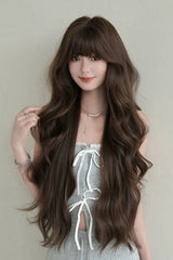 Morandi Tea Brown Fluffy Extra Long Loose Wave Sweet Lolita Wig with Full Bangs - Morandi-Tea-Brown - 1