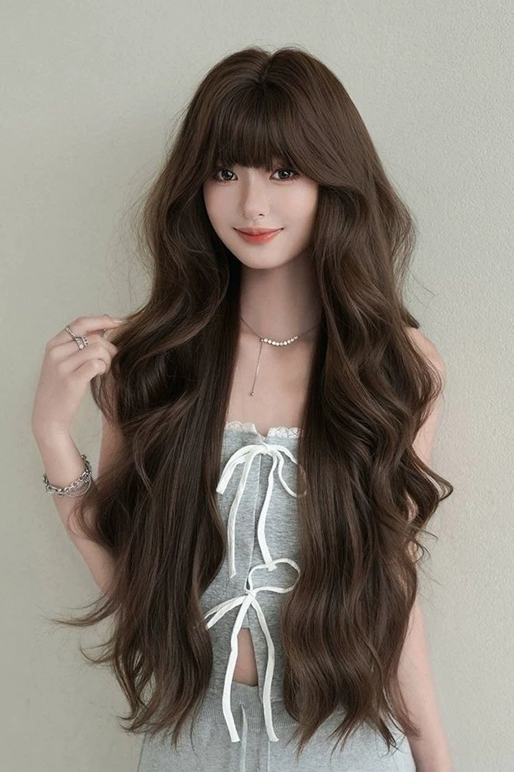 Morandi Tea Brown Fluffy Extra Long Loose Wave Sweet Lolita Wig with Full Bangs - Morandi-Tea-Brown - 1