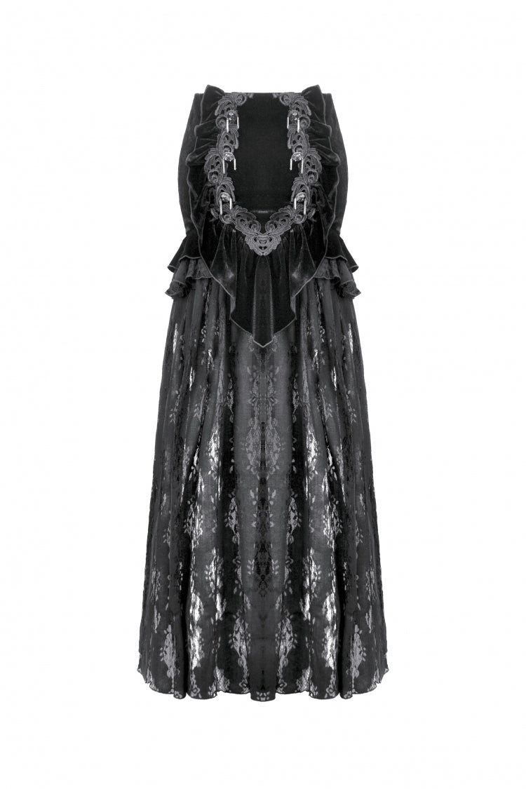 Black Multi-Layered Ruffled Velvet Spliced Lace Lace-Up Women's Gothic Long Skirt - Product - 3
