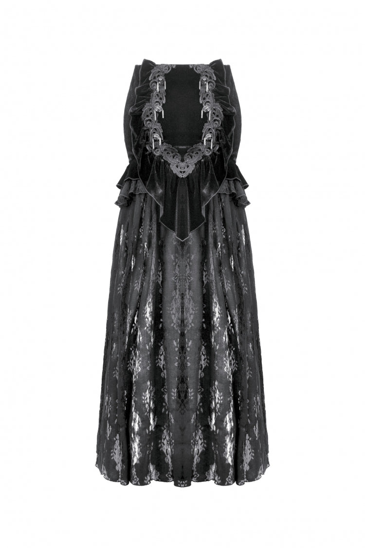 Black Multi-Layered Ruffled Velvet Spliced Lace Lace-Up Women's Gothic Long Skirt - Product - 3