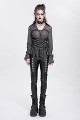 Black Long Sleeves Embroidery Lace-Up Irregular Sheer Women's Gothic Blouse - Product - 7