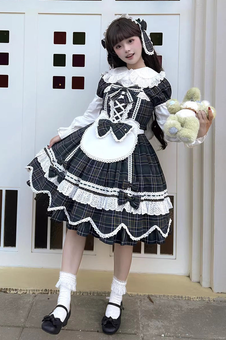 Green [Gingham Petal Bunny] Short Sleeves Printed Ruffled Bow Sweet Lolita OP Dress - Product - 6
