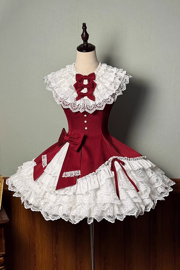 Red [Miss Tsundere] Sleeveless Multi-Layered Ruffle Bowknot Lace Asymmetric Sweet Princess Lolita Dress - Red - 1