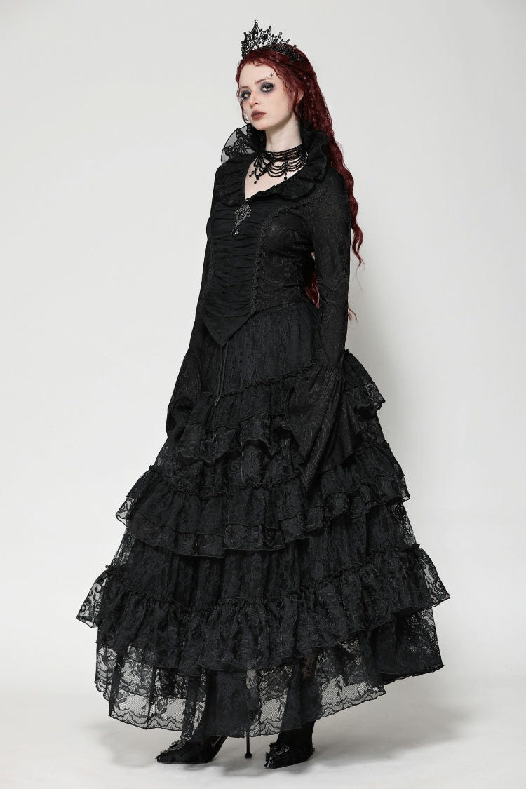 Black Lace Ruffled V Stand Collar Long Flared Sleeves Jacquard Women's Gothic Blouse - Product - 9