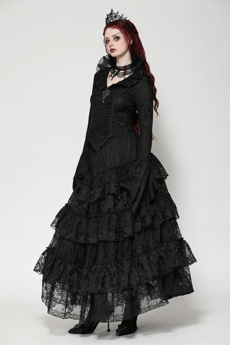 Black Lace Ruffled V Stand Collar Long Flared Sleeves Jacquard Women's Gothic Blouse - Product - 9