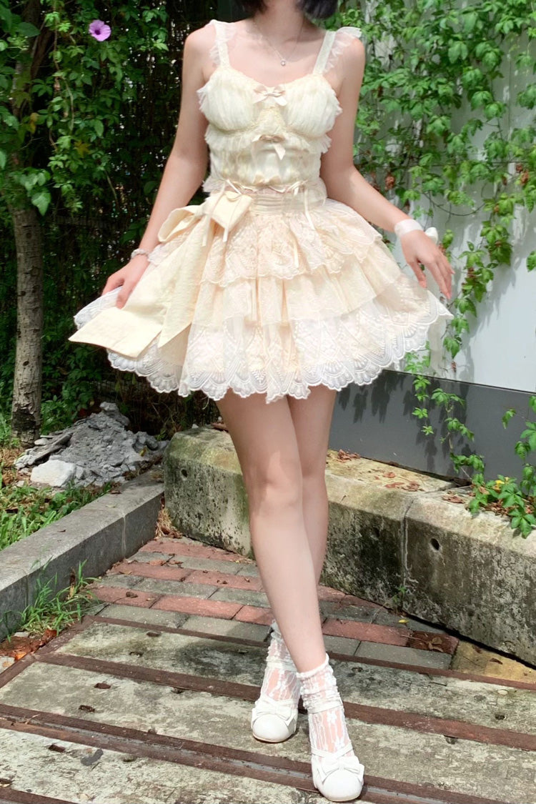 Ivory [Tidal] Triple-Layered Ruffle Bowknot Sweet Lolita Skirt 2 Versions - Product - 18