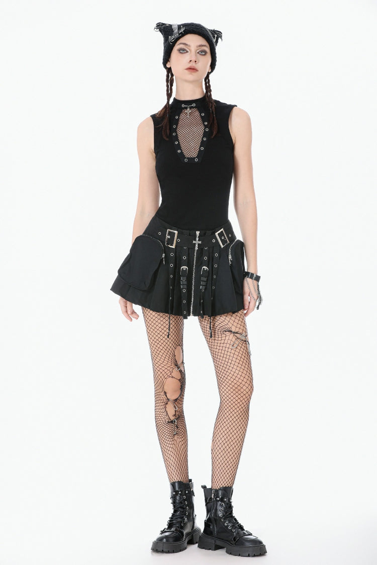 Black Women's Punk Cross Eyelet Cut-Out Coffin Mesh Splice Tank Top - Product - 10