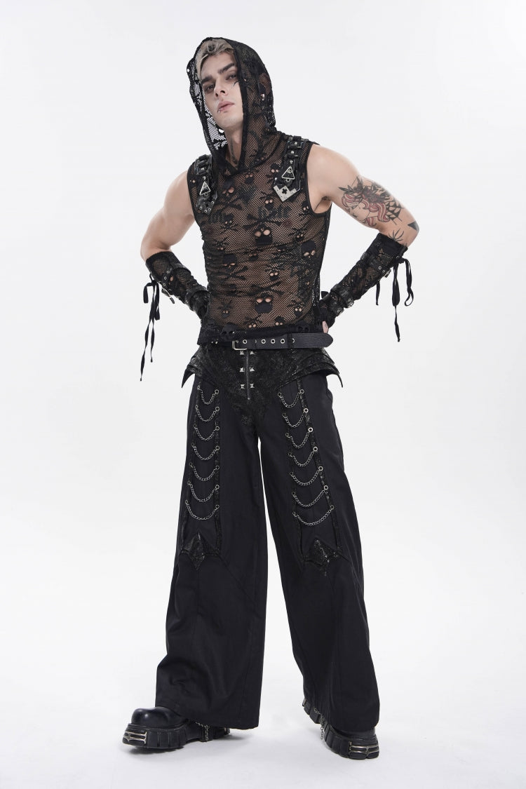 Black Spliced Studded Zippered Chain-Decorated Men's Punk Cool Pants - Product - 4