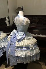 Blue [Falling Sakura] Multi-Layered Ruffled Hanayome Bow Lace Sweet Plus Size Princess Lolita Jsk Dress - Product - 8