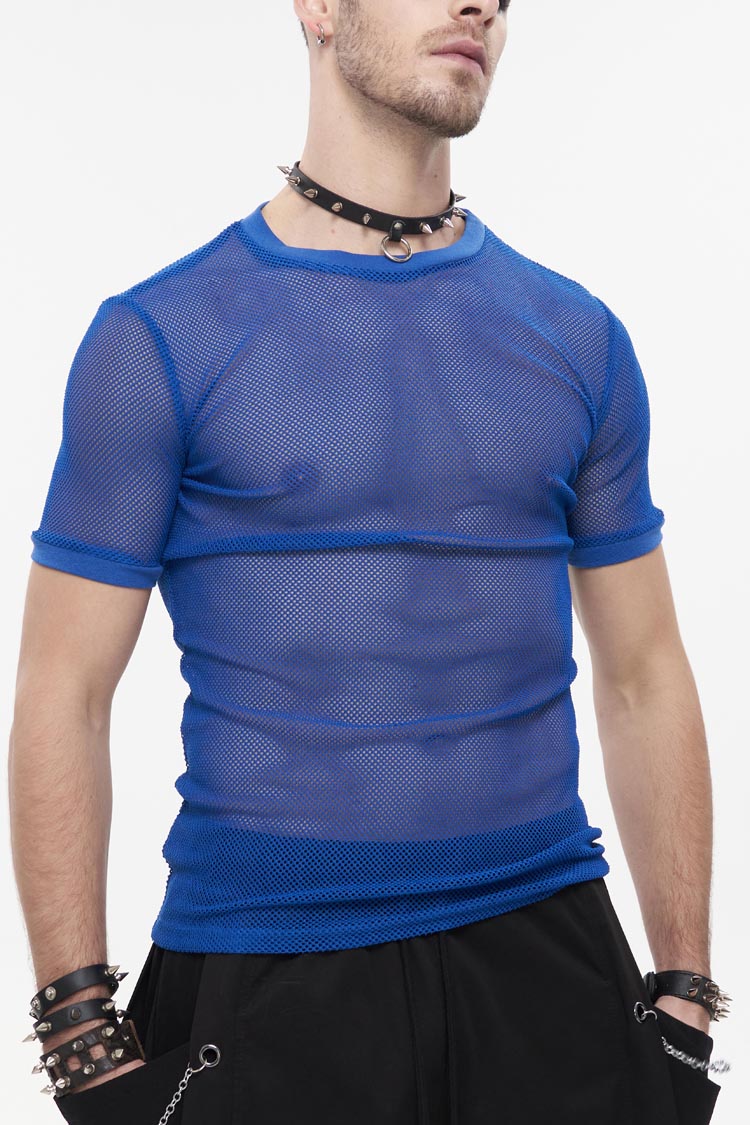 Blue Crew Neck Diamond-Shaped Net Short Sleeve Men's Gothic T-Shirt - Blue - 1