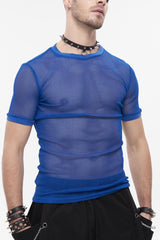 Blue Crew Neck Diamond-Shaped Net Short Sleeve Men's Gothic T-Shirt - Blue - 1