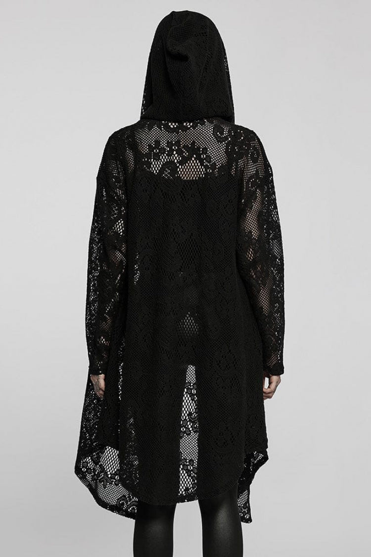 Black Floral Print Hollow Mesh Hooded Womens Gothic Coat - Product - 3