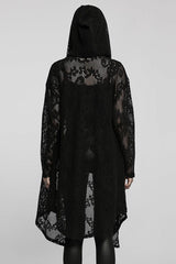 Black Floral Print Hollow Mesh Hooded Womens Gothic Coat - Product - 3