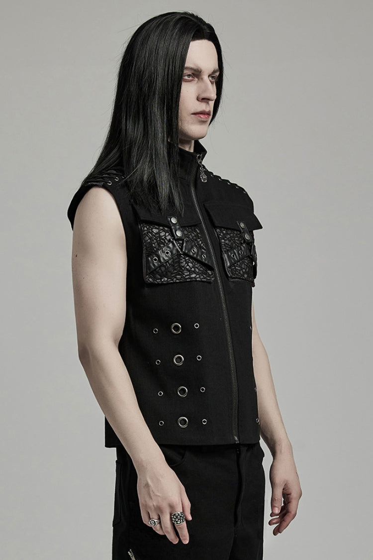 Black Stand Collar Stitching Slim Men's Punk Vest - Product - 3