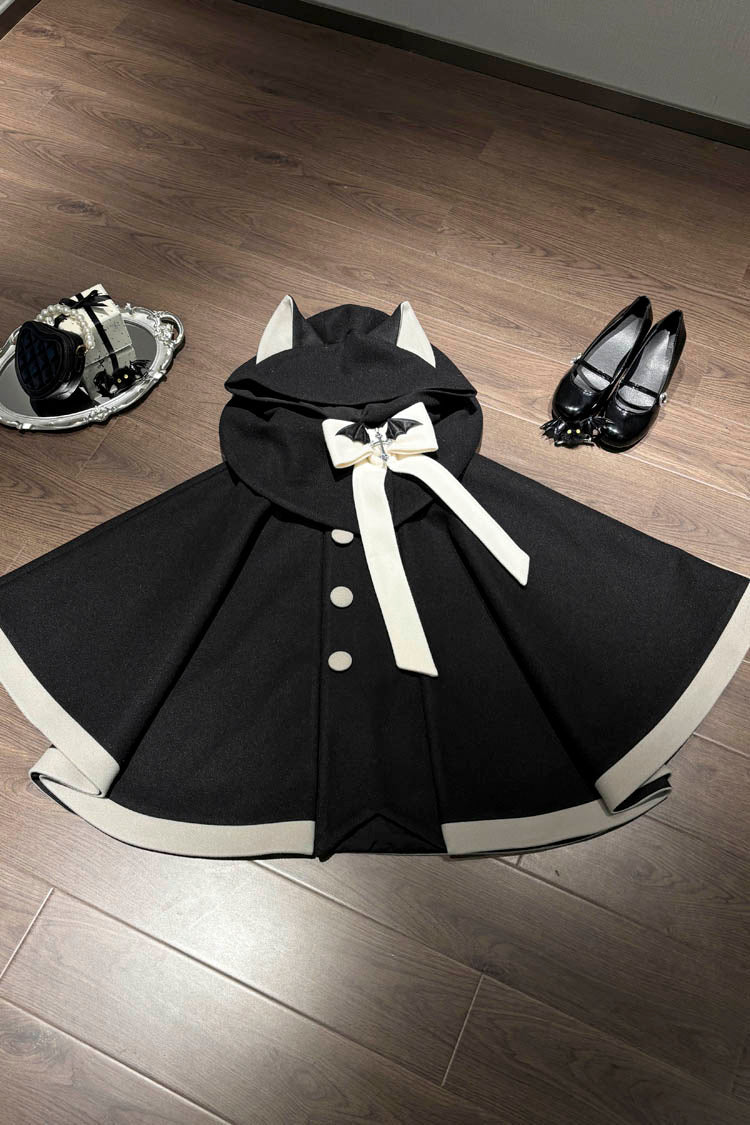 Black/Pink Bat Bowknot Cloak Wool Sweet Lolita Coat - Product - 2