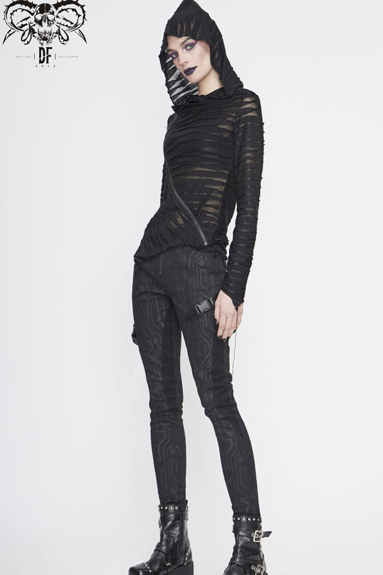 Black Hooded Three-Dimensional Twisted Knitted Inclined Zipper Irregular Hem Women's Punk Shirt - Product - 7