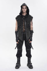 Black Spliced Hooded Buckled Eyelet Men's Punk Cool Vest - Black - 7