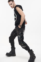 Black Punk Multi Pocket Splicing Illusory Color Removable Metal Left Chain Design Cargo Men's Pants - Product - 9