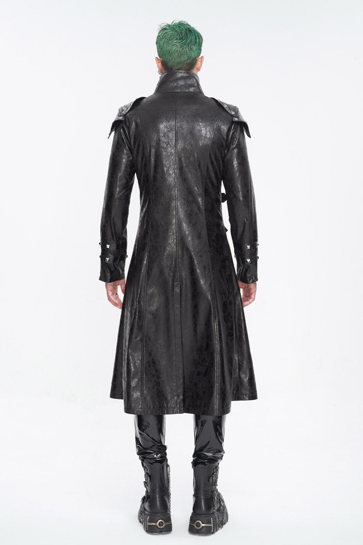 Black Stand Collar Multi Buckle Faux Long Leather Men's Punk Coat - Product - 5